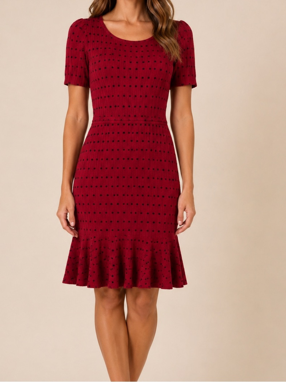 Taylor Red Black Polka Dot Ribbed Knit Fit Flare Dress Rayon Short Sleeve Medium
